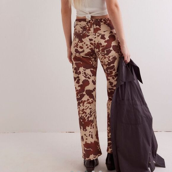 Free People Risk Taker Mid Rise Printed Jeans in Tea Combo-Cow Print - Picture 2 of 10